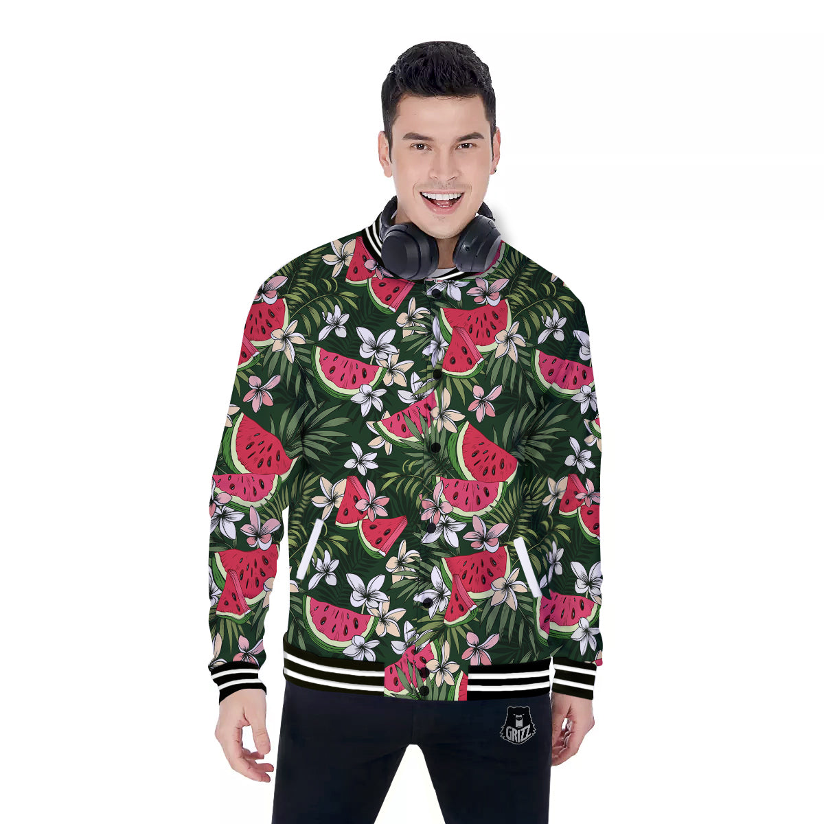 Watermelon Leaves Tropical Print Pattern Baseball Jacket-grizzshop