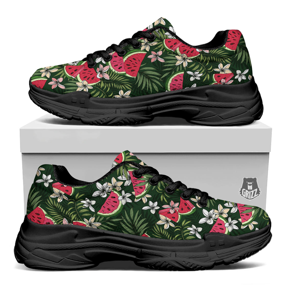 Watermelon Leaves Tropical Print Pattern Black Chunky Shoes-grizzshop