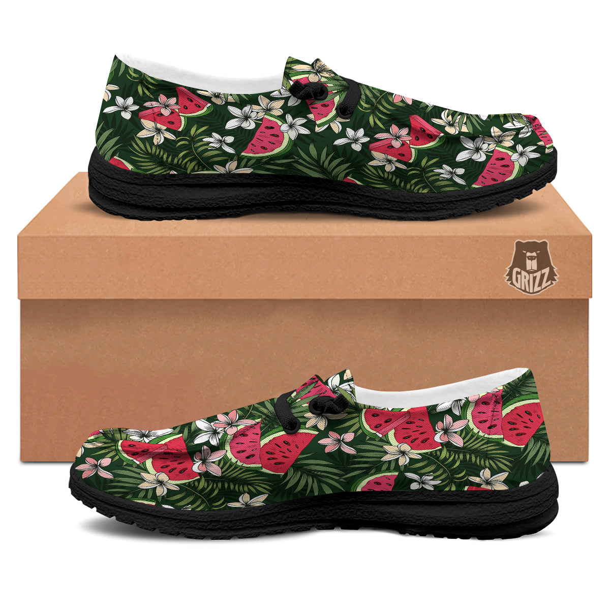 Watermelon Leaves Tropical Print Pattern Black Loafers-grizzshop