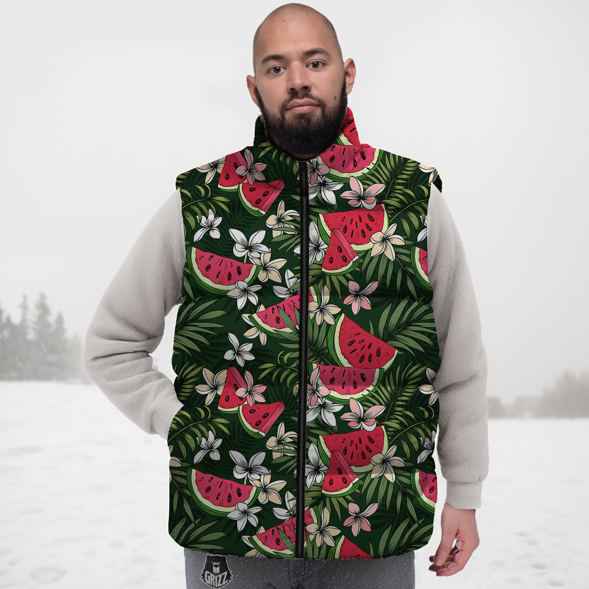 Watermelon Leaves Tropical Print Pattern Down Vest-grizzshop