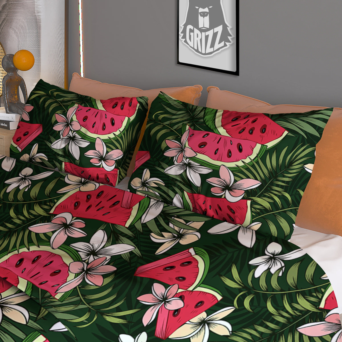 Watermelon Leaves Tropical Print Pattern Duvet Cover Bedding Set-grizzshop