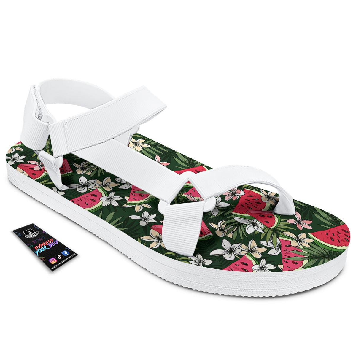 Watermelon Leaves Tropical Print Pattern White Open Toe Sandals-grizzshop