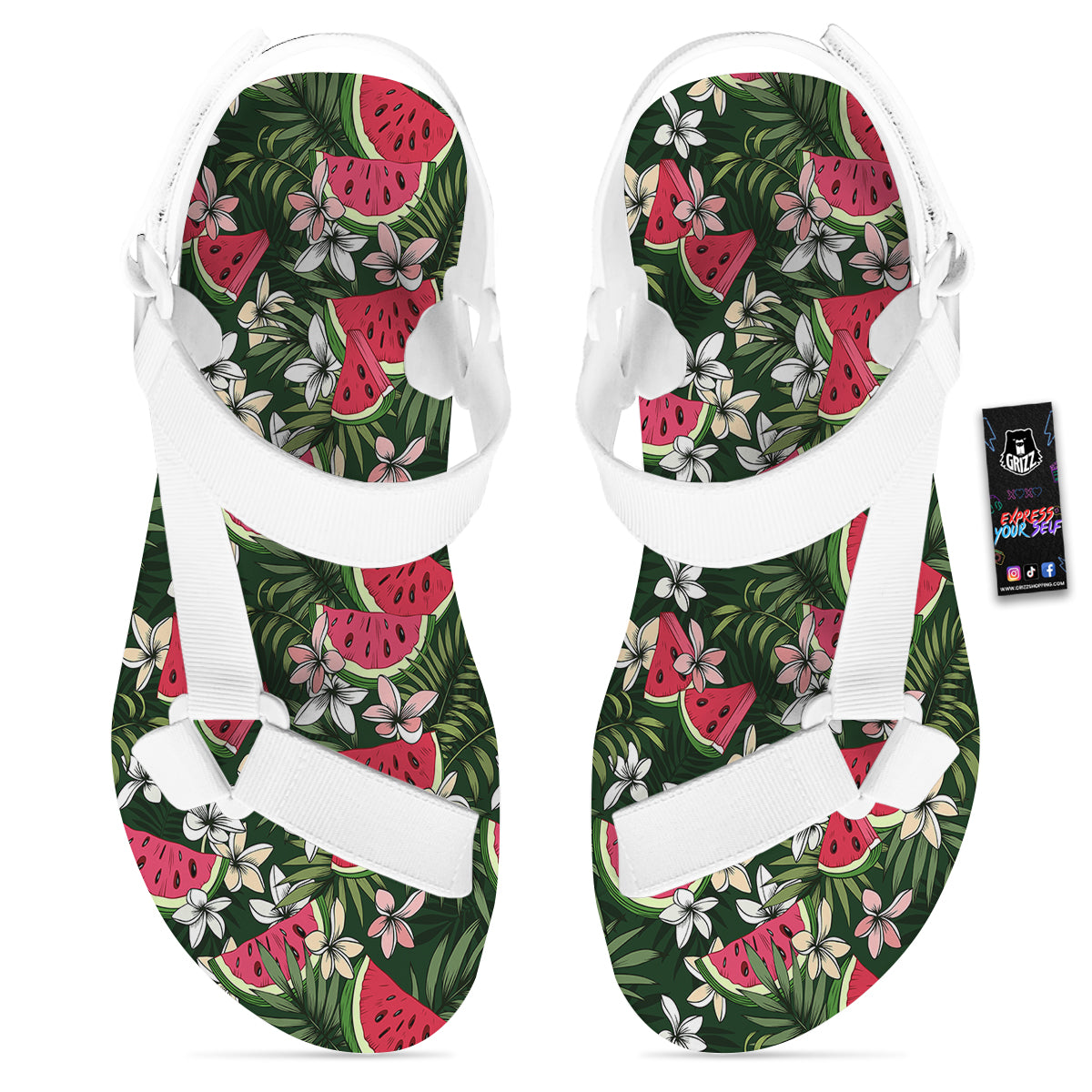 Watermelon Leaves Tropical Print Pattern White Open Toe Sandals-grizzshop