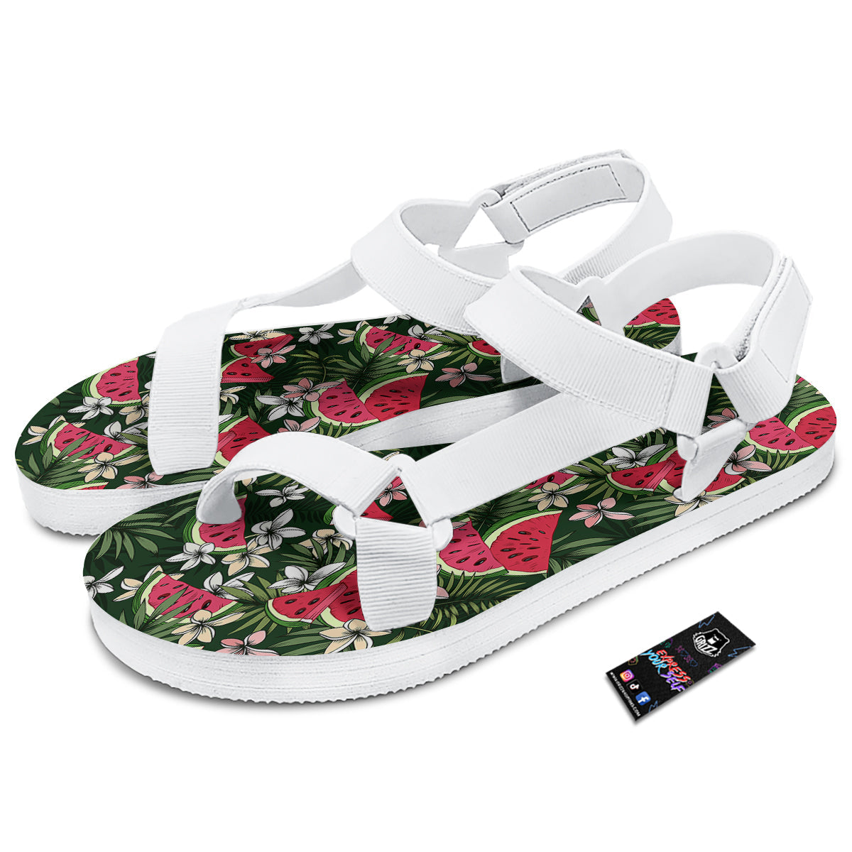 Watermelon Leaves Tropical Print Pattern White Open Toe Sandals-grizzshop