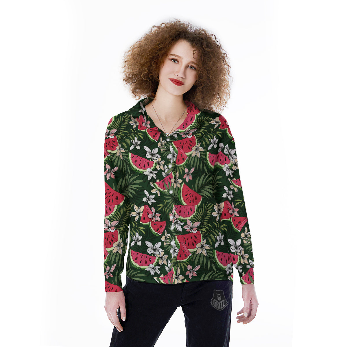 Watermelon Leaves Tropical Print Pattern Women's Long Sleeve Shirts-grizzshop