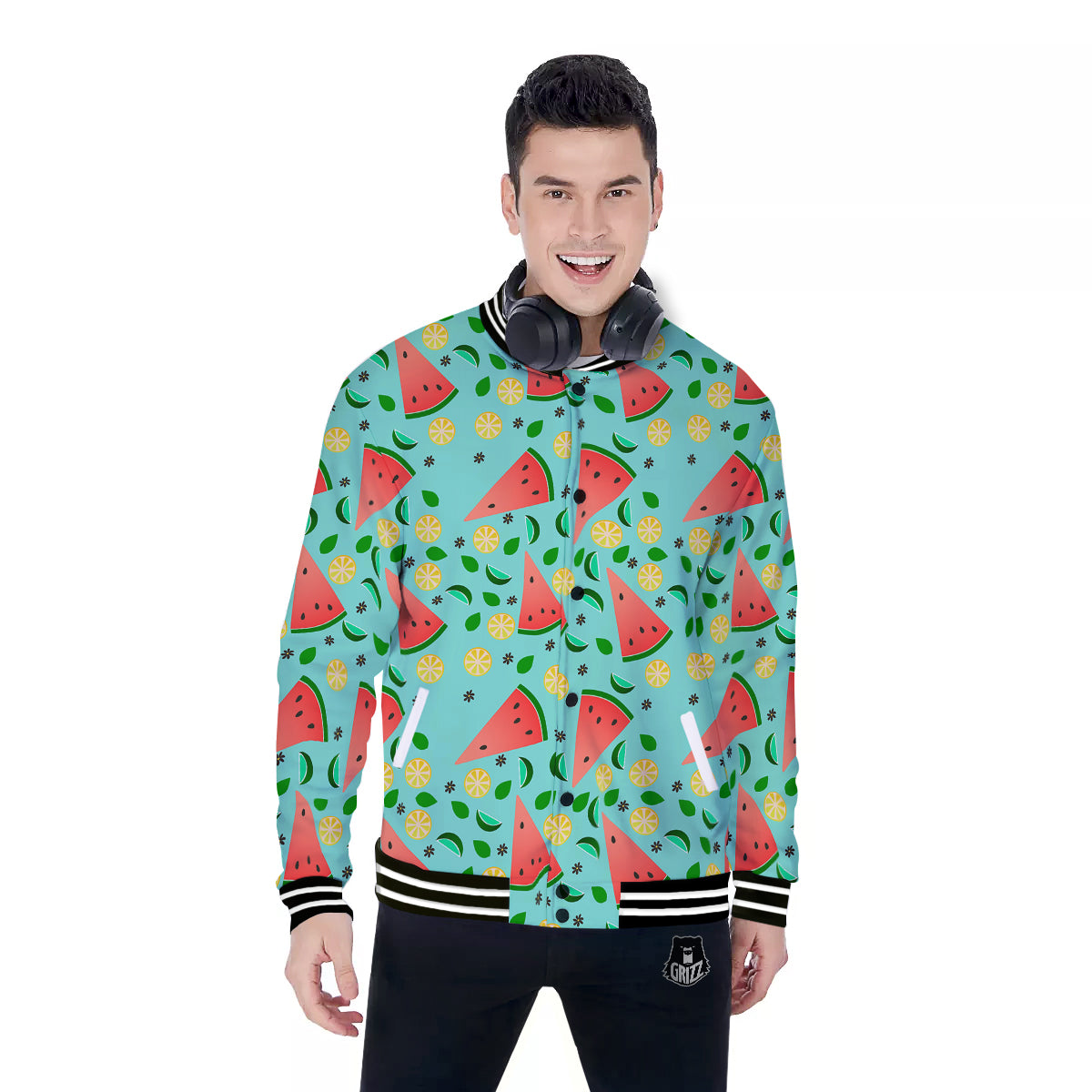Watermelon Lime Green Print Pattern Baseball Jacket-grizzshop