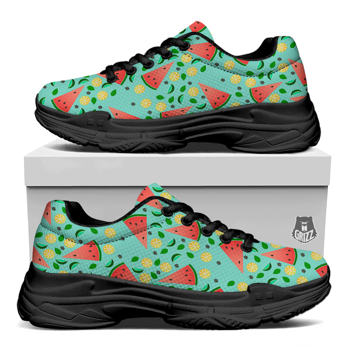 Watermelon Lime Green Print Pattern Black Chunky Shoes-grizzshop