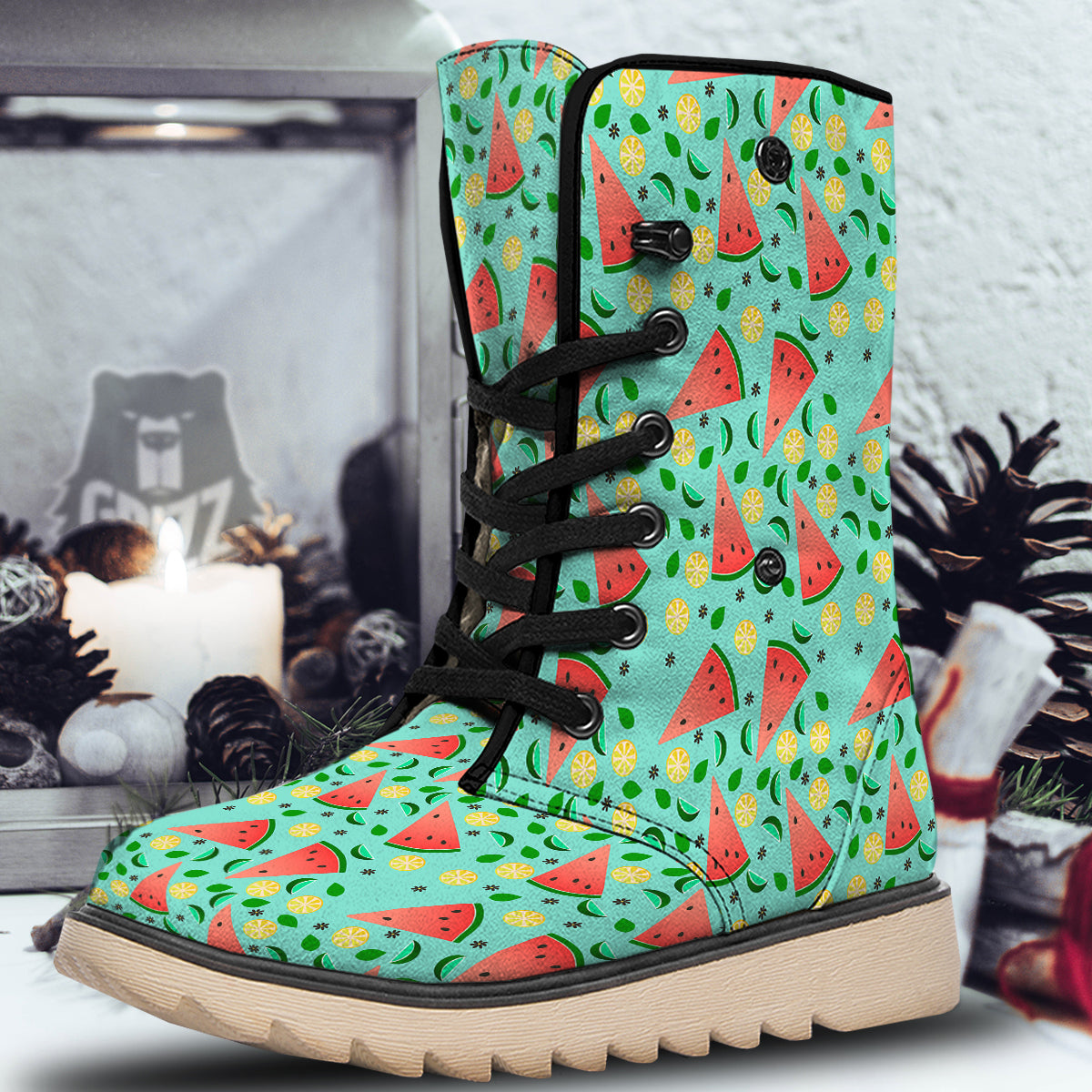 Watermelon Lime Green Print Pattern Snow Boots-grizzshop