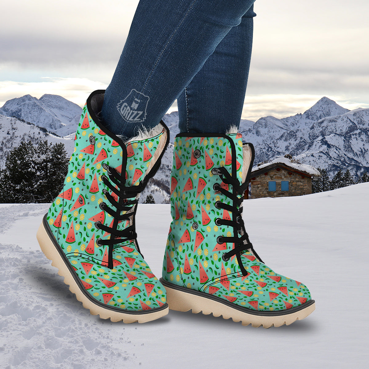 Watermelon Lime Green Print Pattern Snow Boots-grizzshop