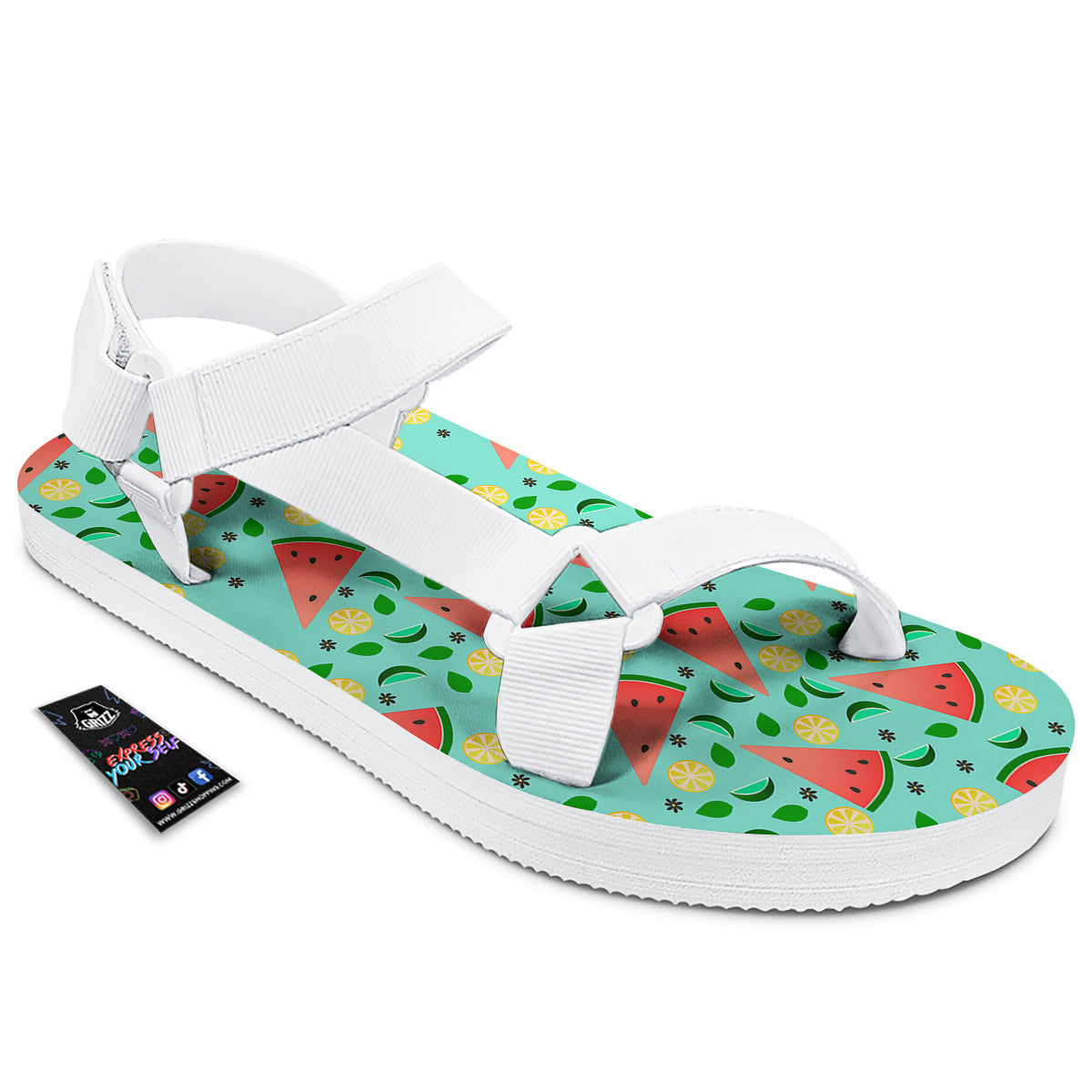 Watermelon Lime Green Print Pattern White Open Toe Sandals-grizzshop