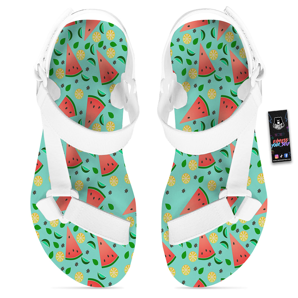 Watermelon Lime Green Print Pattern White Open Toe Sandals-grizzshop