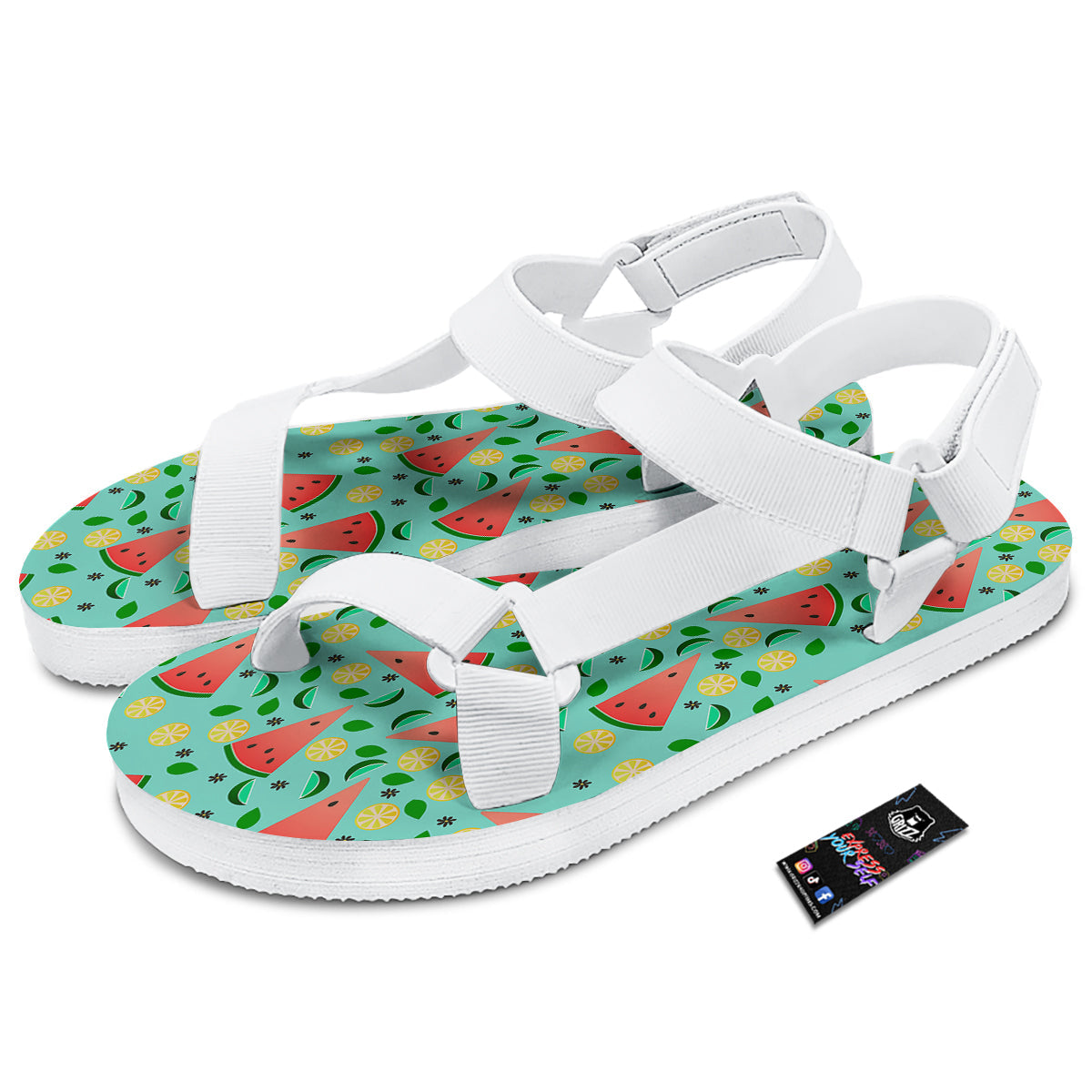 Watermelon Lime Green Print Pattern White Open Toe Sandals-grizzshop
