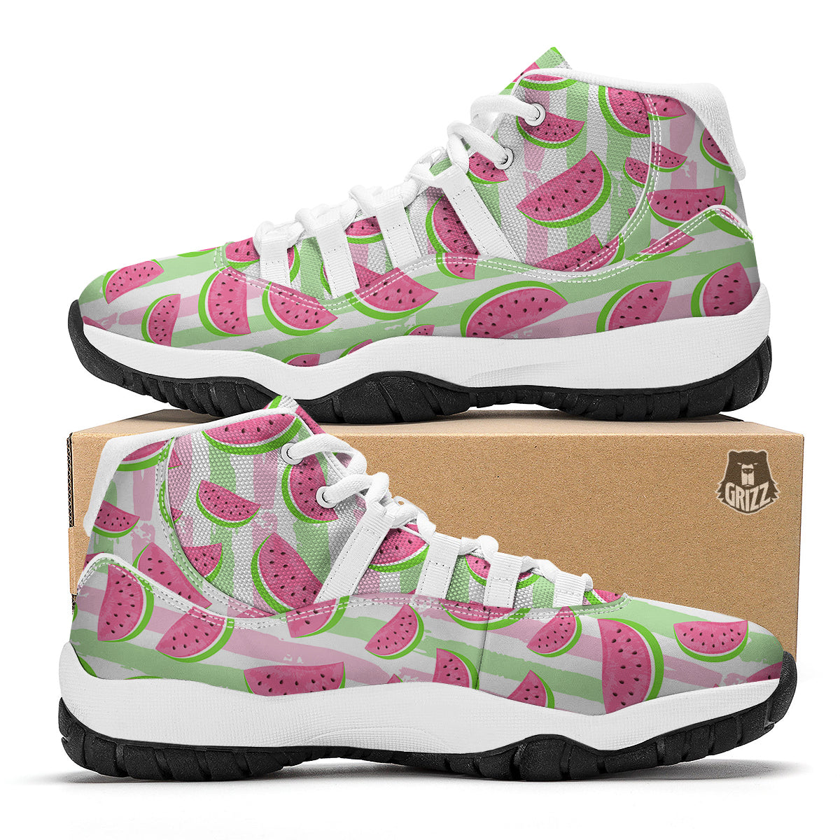 Watermelon Piece Stripe Green Pink Pattern Print White Bball Shoes-grizzshop
