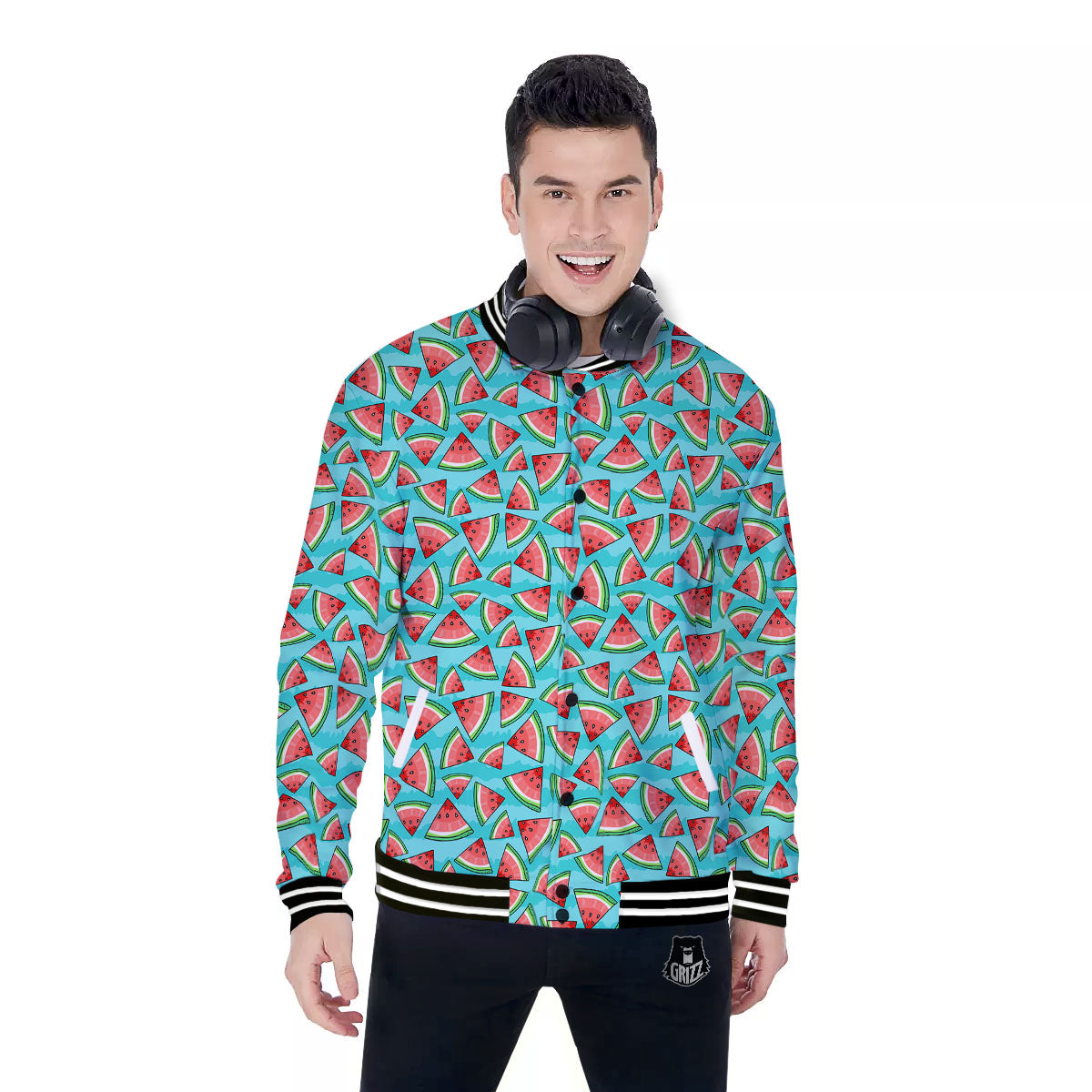 Watermelon Pieces Blue Print Pattern Baseball Jacket-grizzshop