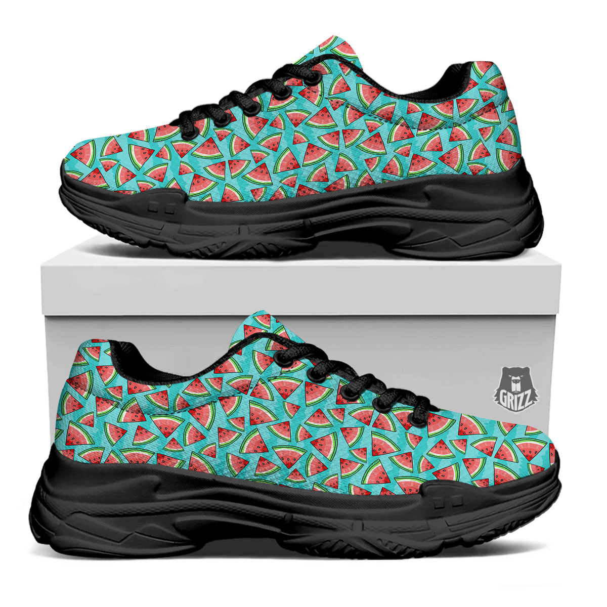 Watermelon Pieces Blue Print Pattern Black Chunky Shoes-grizzshop