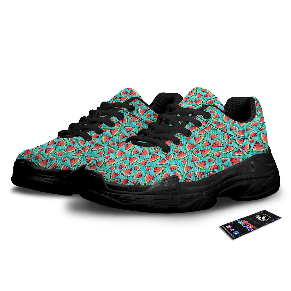 Watermelon Pieces Blue Print Pattern Black Chunky Shoes-grizzshop