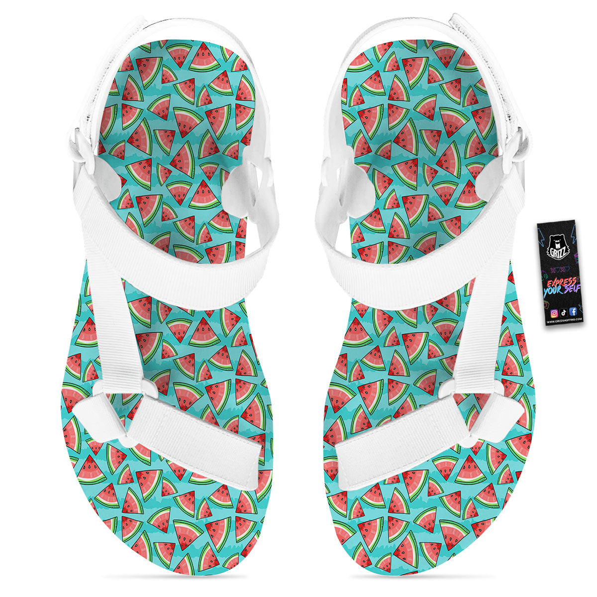 Watermelon Pieces Blue Print Pattern White Open Toe Sandals-grizzshop