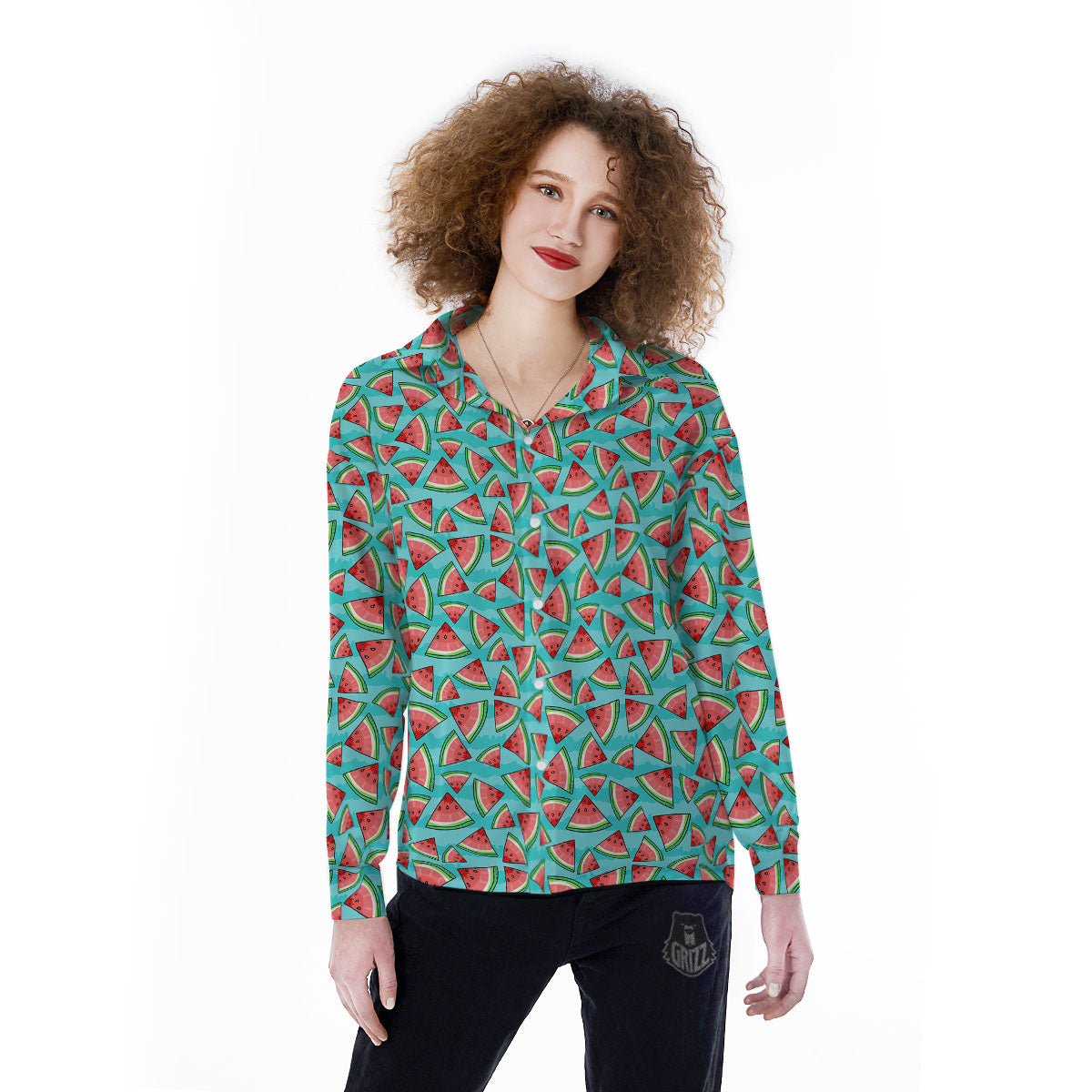 Watermelon Pieces Blue Print Pattern Women's Long Sleeve Shirts-grizzshop