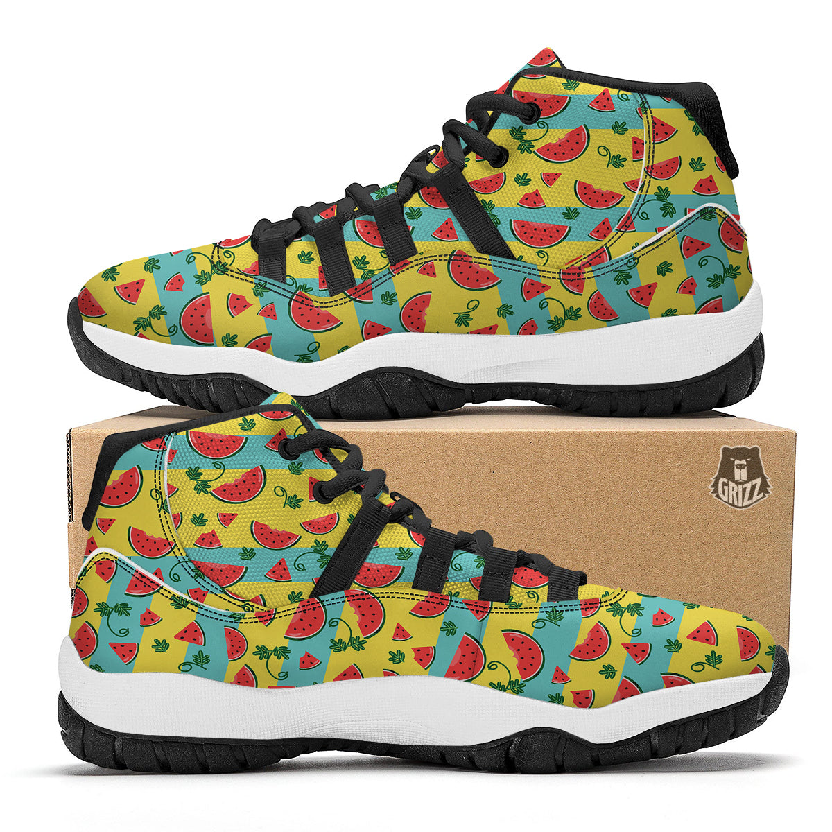 Watermelon Pieces Yellow Print Pattern Black Bball Shoes-grizzshop