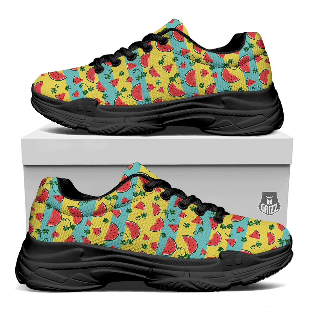 Watermelon Pieces Yellow Print Pattern Black Chunky Shoes-grizzshop