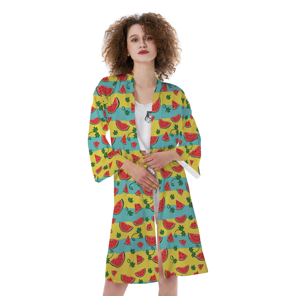 Watermelon Pieces Yellow Print Pattern Kimono-grizzshop