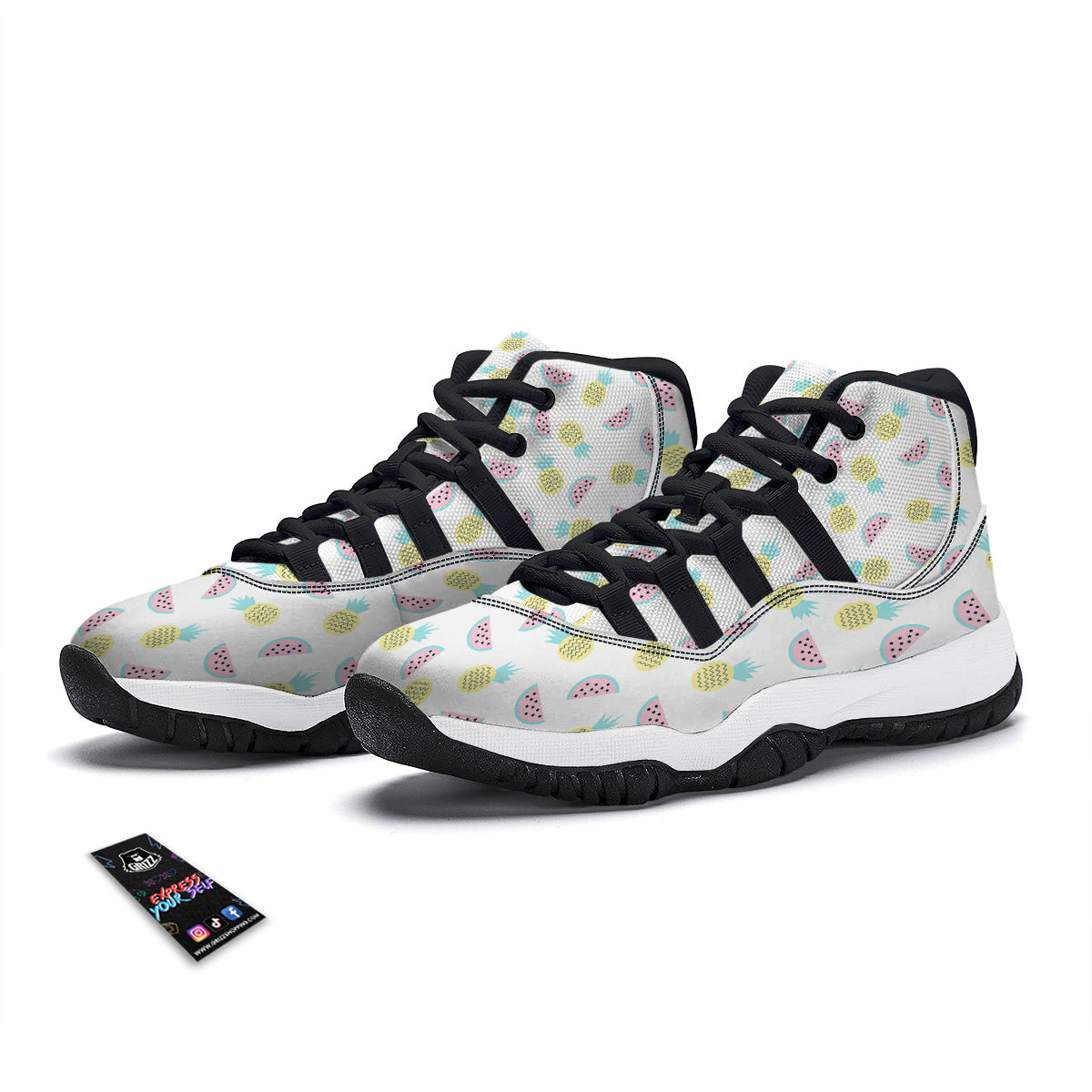 Watermelon Pineapple Piece White Pattern Print Black Bball Shoes-grizzshop