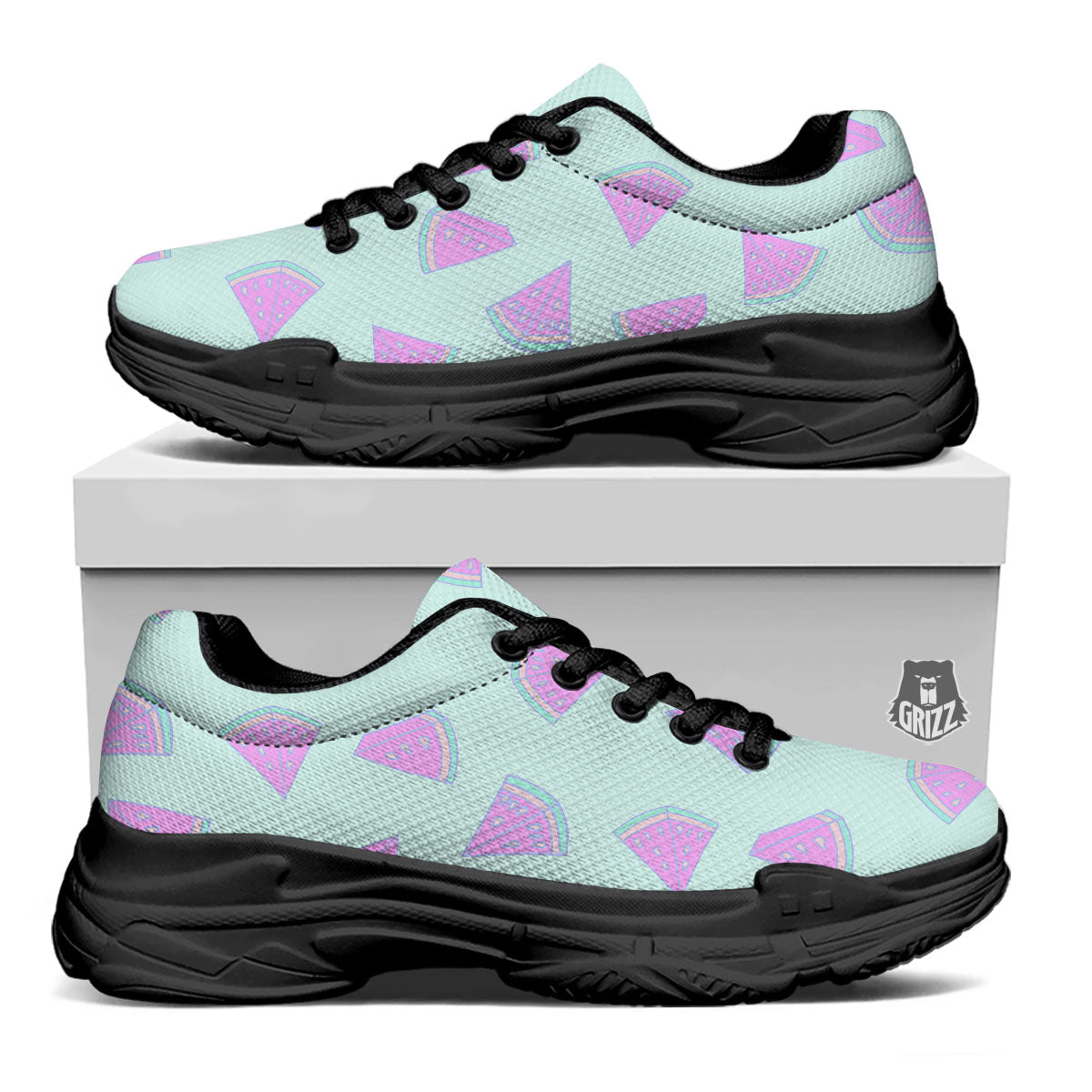 Watermelon Purple Tropical Print Pattern Black Chunky Shoes-grizzshop