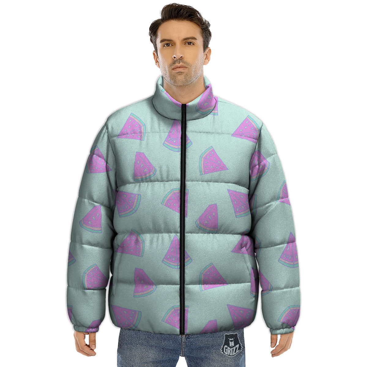 Watermelon Purple Tropical Print Pattern Puffer Jacket-grizzshop
