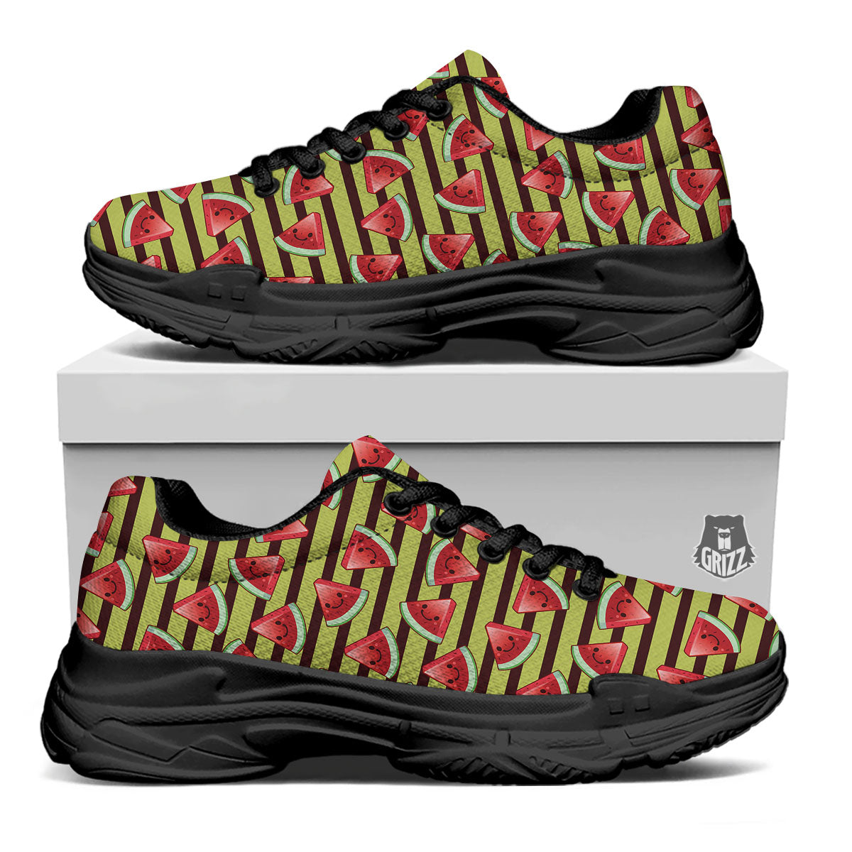 Watermelon Striped Green Print Pattern Black Chunky Shoes-grizzshop