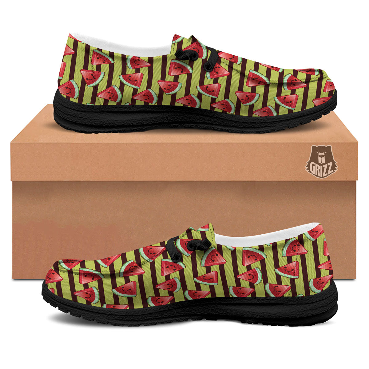 Watermelon Striped Green Print Pattern Black Loafers-grizzshop