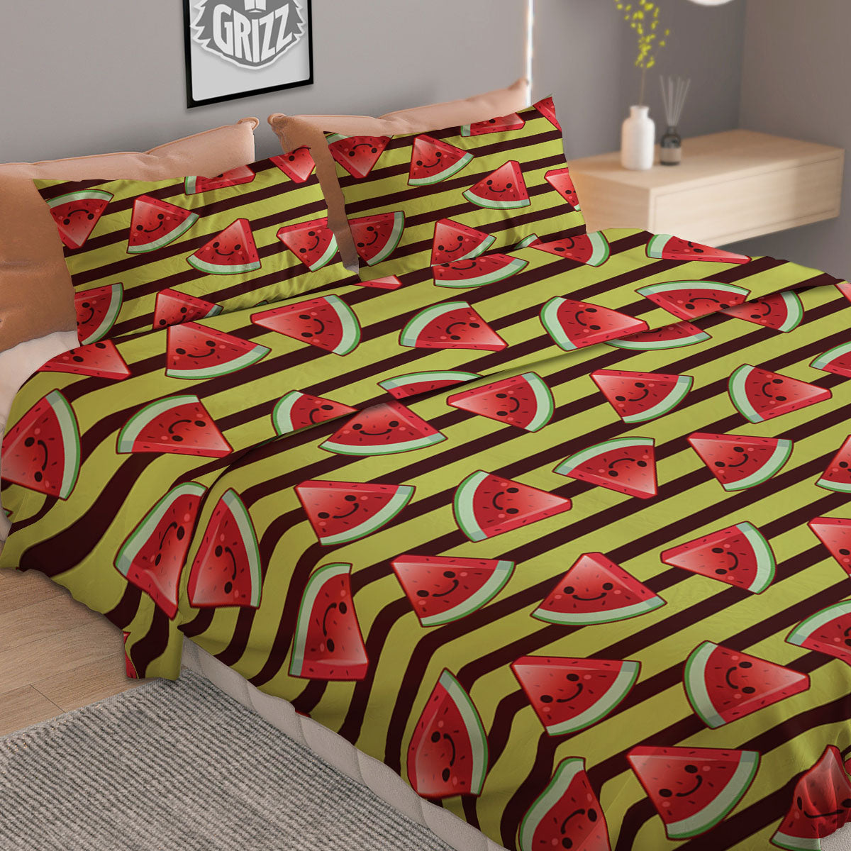 Watermelon Striped Green Print Pattern Duvet Cover Bedding Set