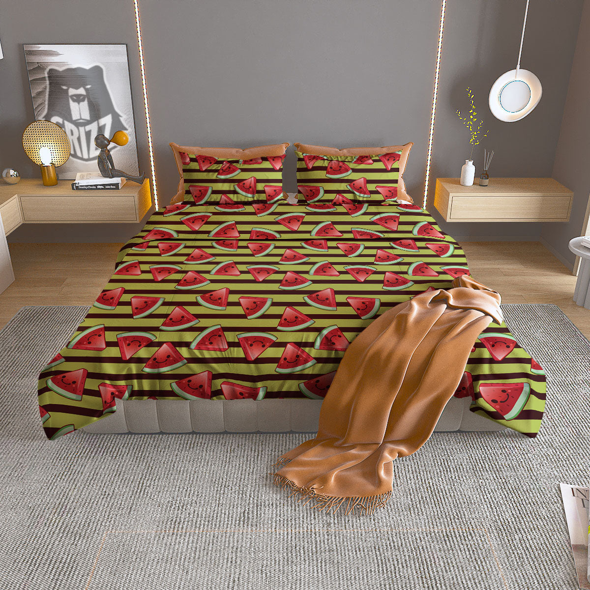 Watermelon Striped Green Print Pattern Duvet Cover Bedding Set
