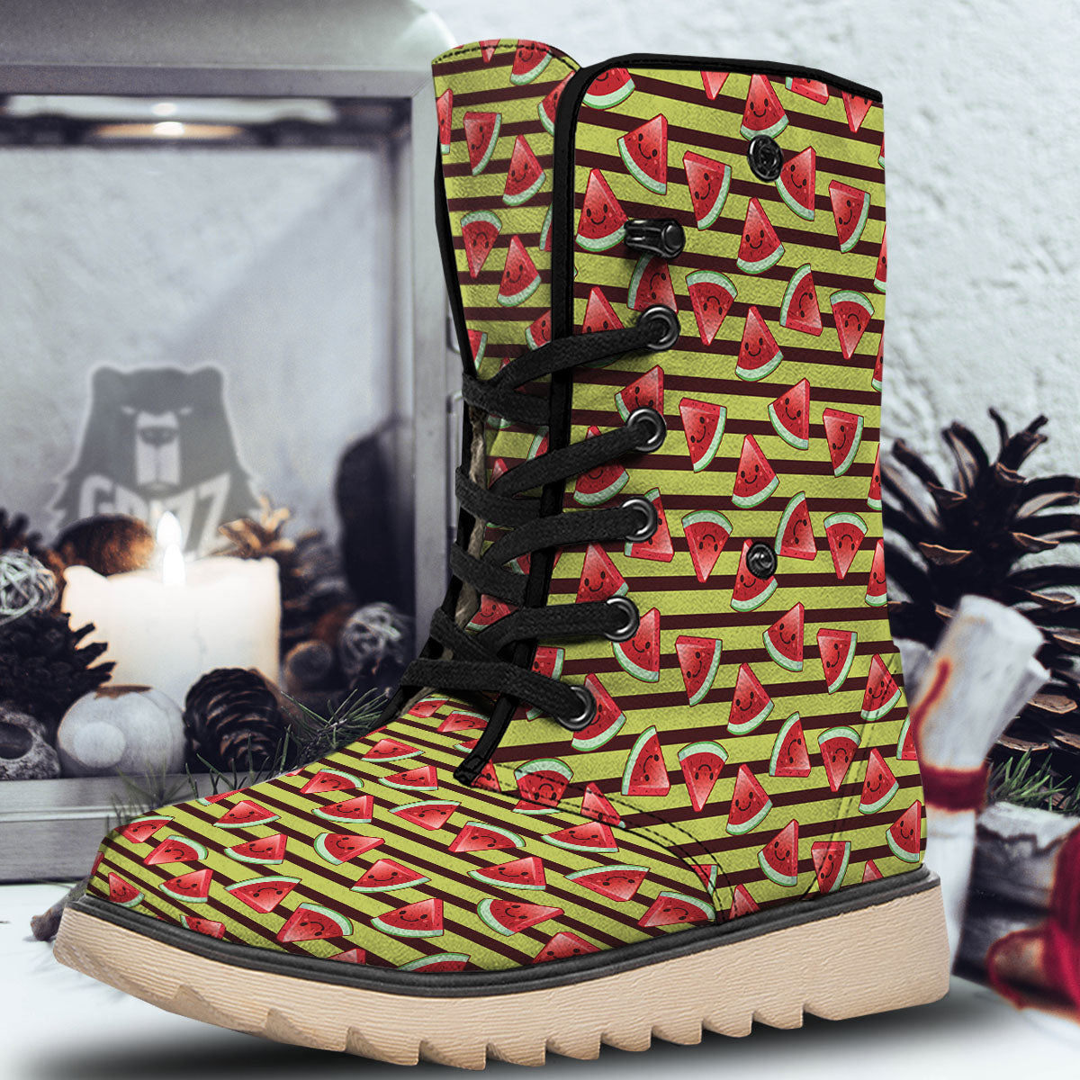 Watermelon Striped Green Print Pattern Snow Boots-grizzshop