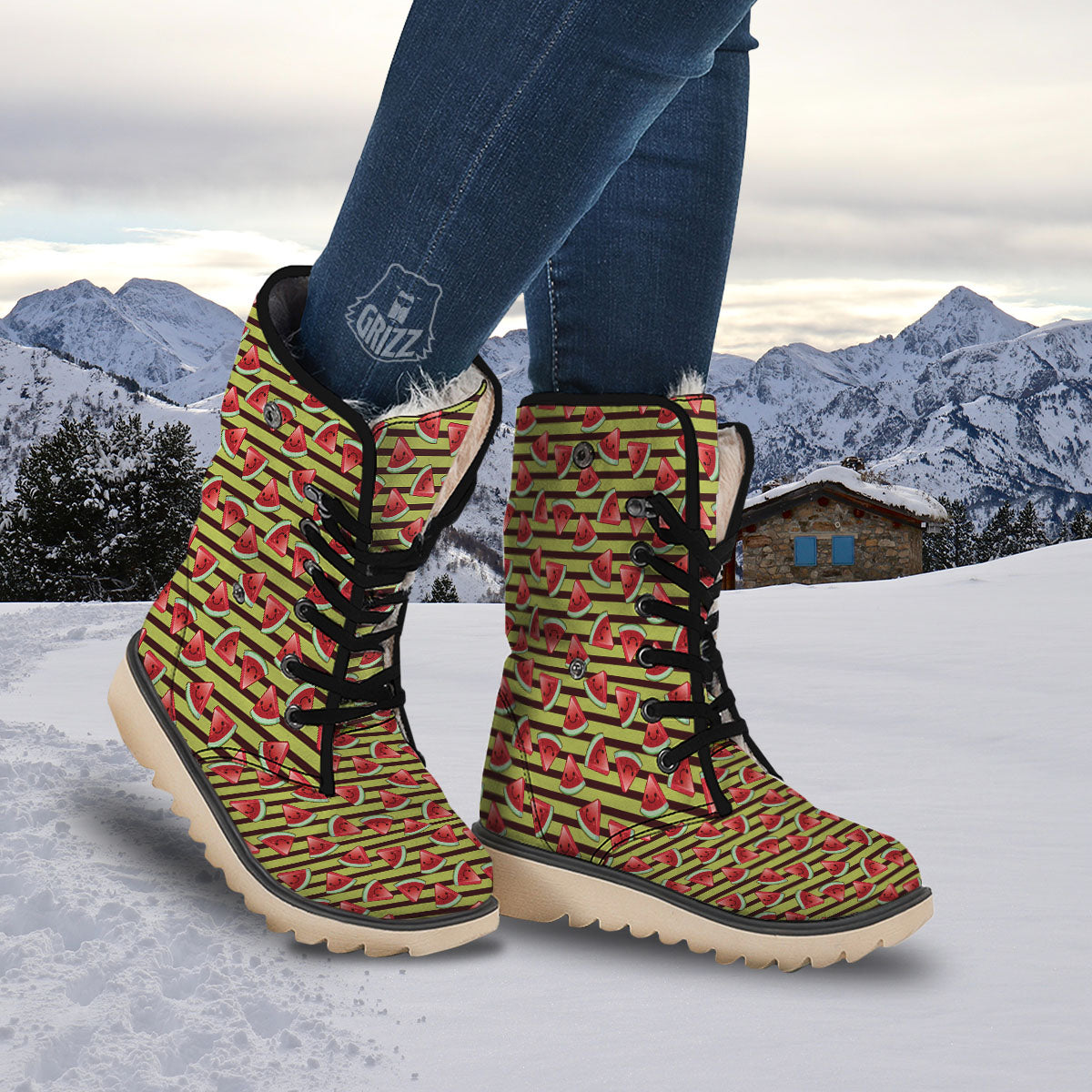 Watermelon Striped Green Print Pattern Snow Boots-grizzshop