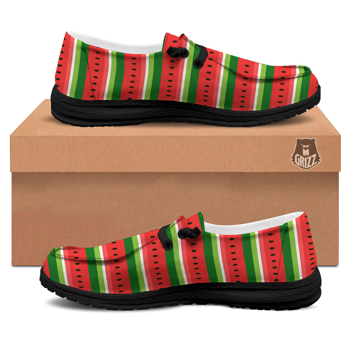 Watermelon Stripes Green Print Pattern Black Loafers-grizzshop