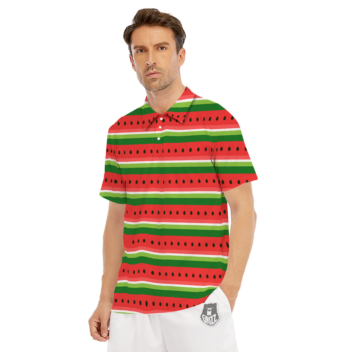 Watermelon Stripes Green Print Pattern Men's Golf Shirts-grizzshop