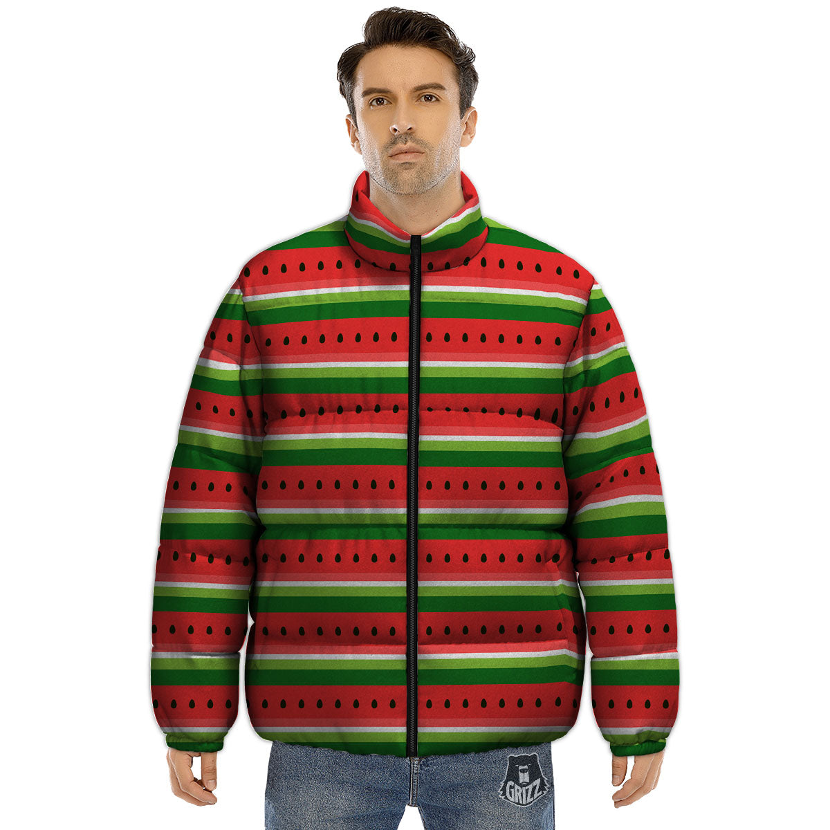 Watermelon Stripes Green Print Pattern Puffer Jacket-grizzshop