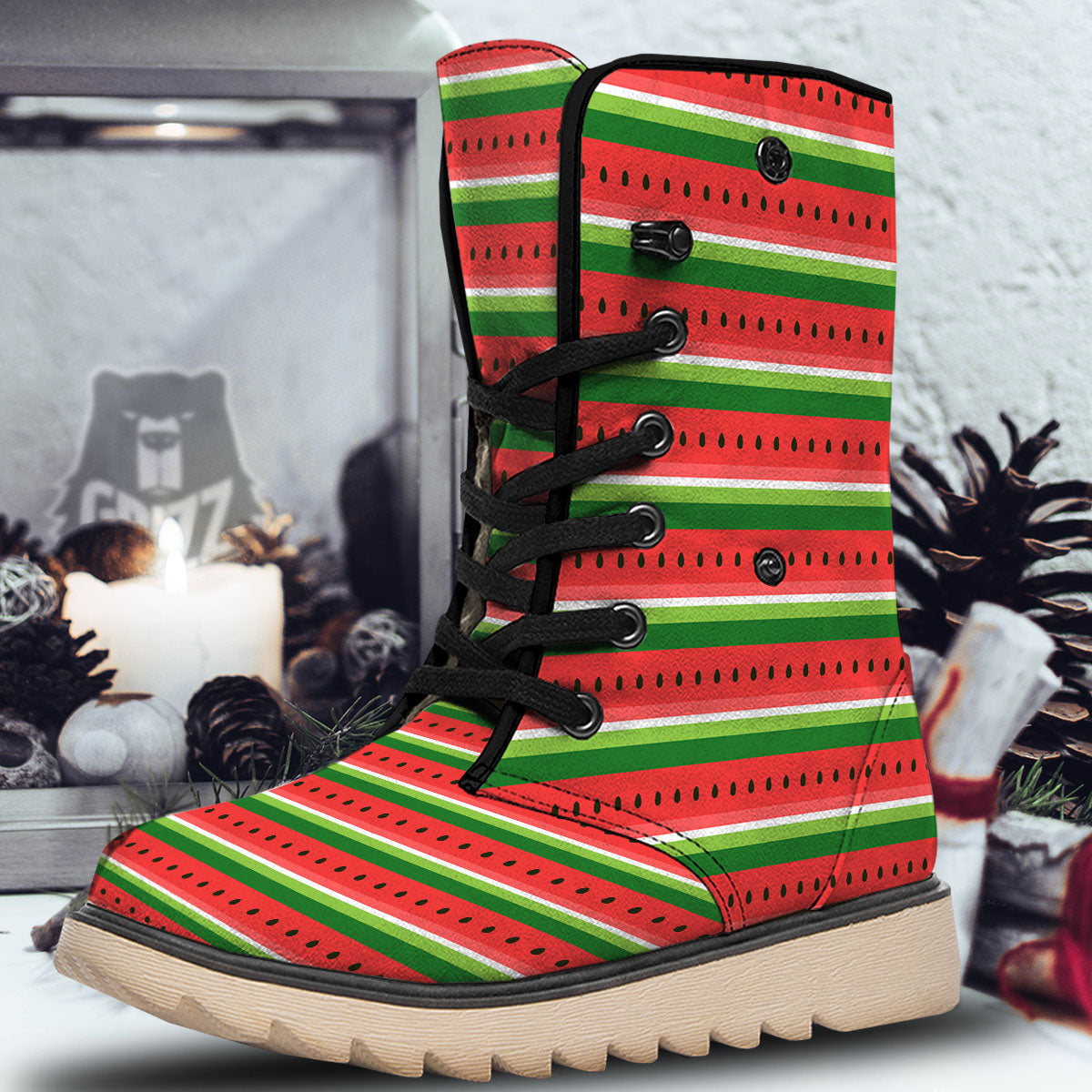 Watermelon Stripes Green Print Pattern Snow Boots-grizzshop