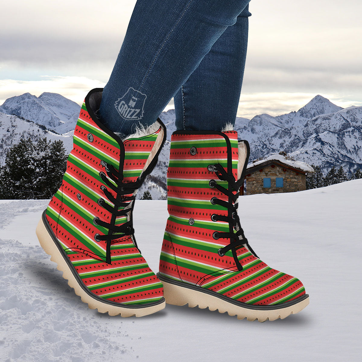 Watermelon Stripes Green Print Pattern Snow Boots-grizzshop