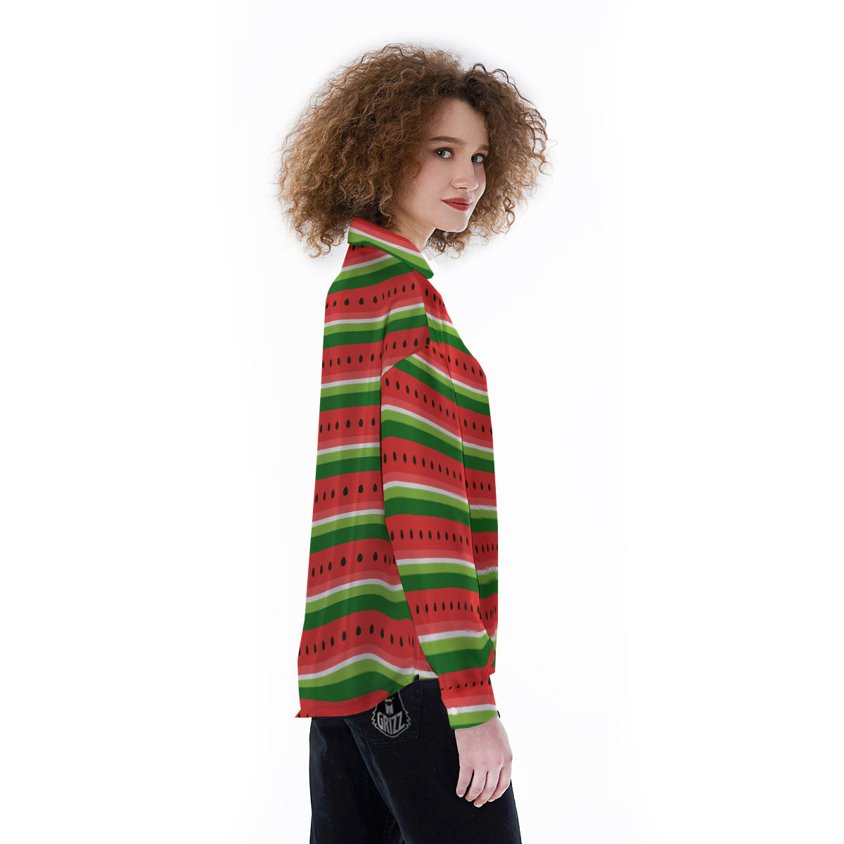 Watermelon Stripes Green Print Pattern Women's Long Sleeve Shirts-grizzshop