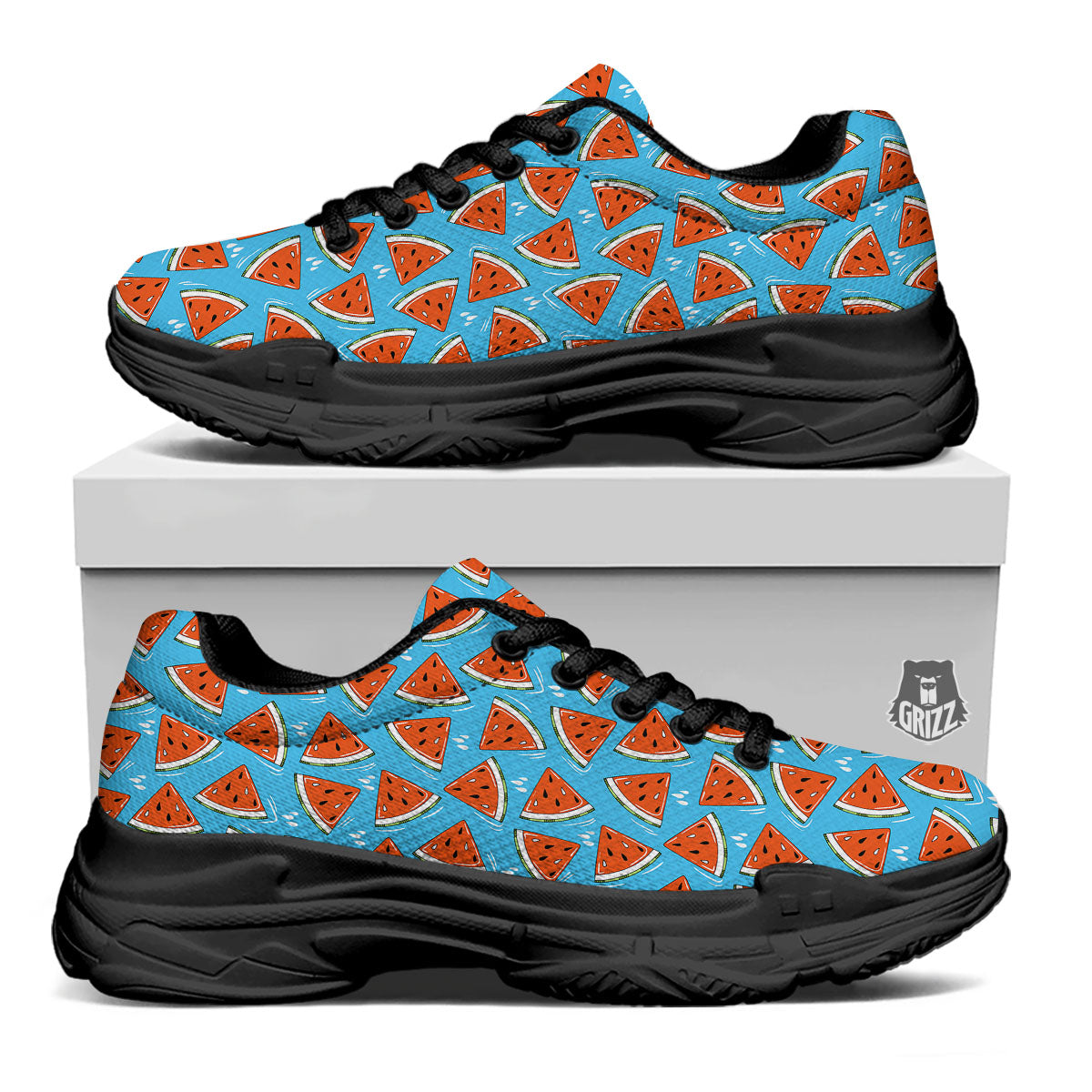Watermelon Summer Blue Print Pattern Black Chunky Shoes-grizzshop