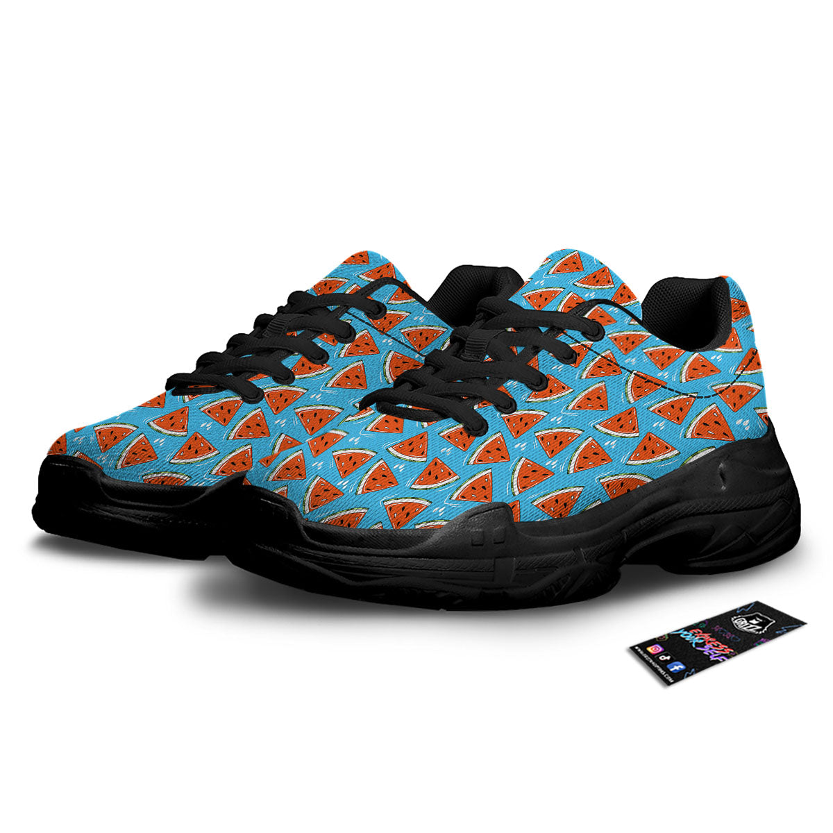 Watermelon Summer Blue Print Pattern Black Chunky Shoes-grizzshop