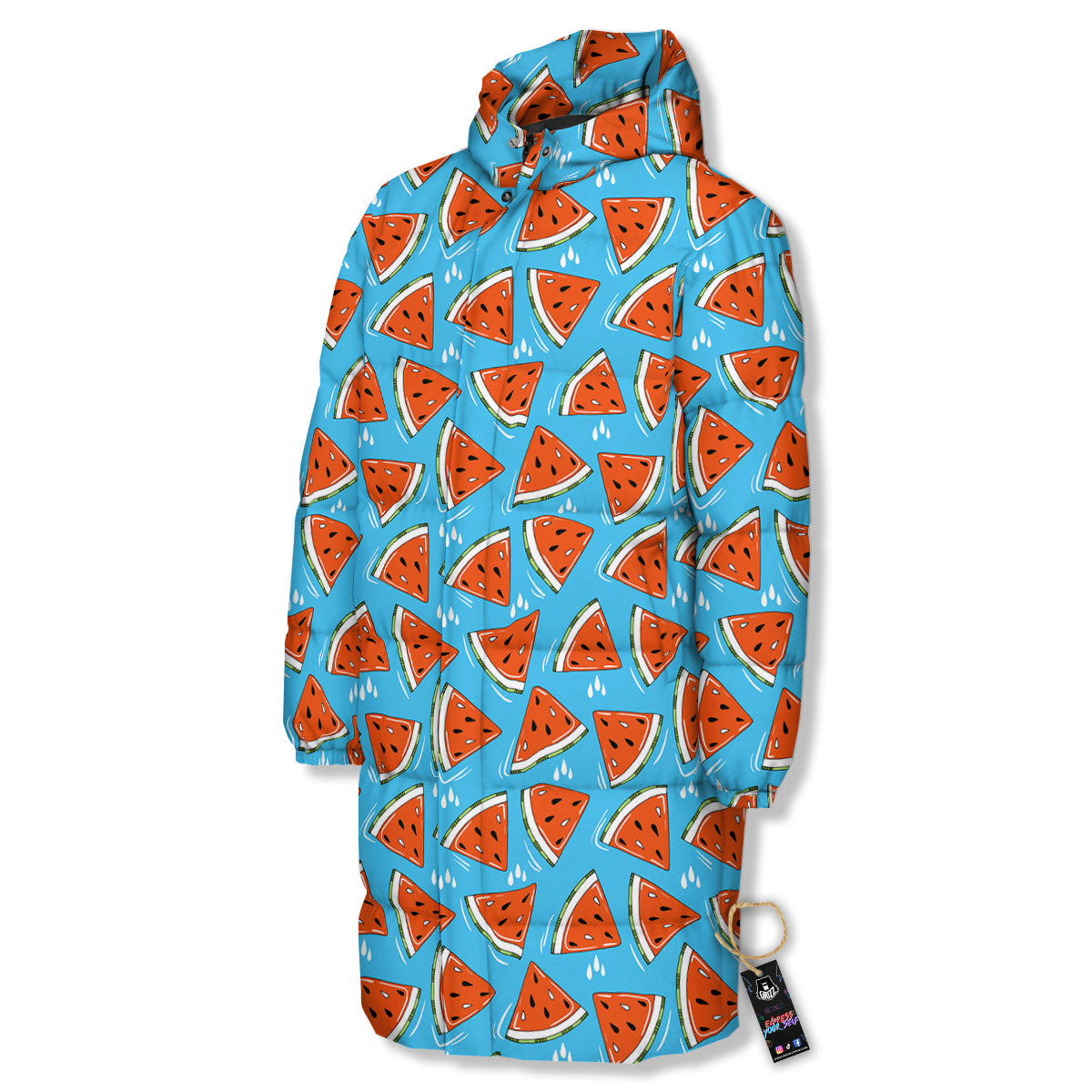 Watermelon Summer Blue Print Pattern Long Down Jacket-grizzshop