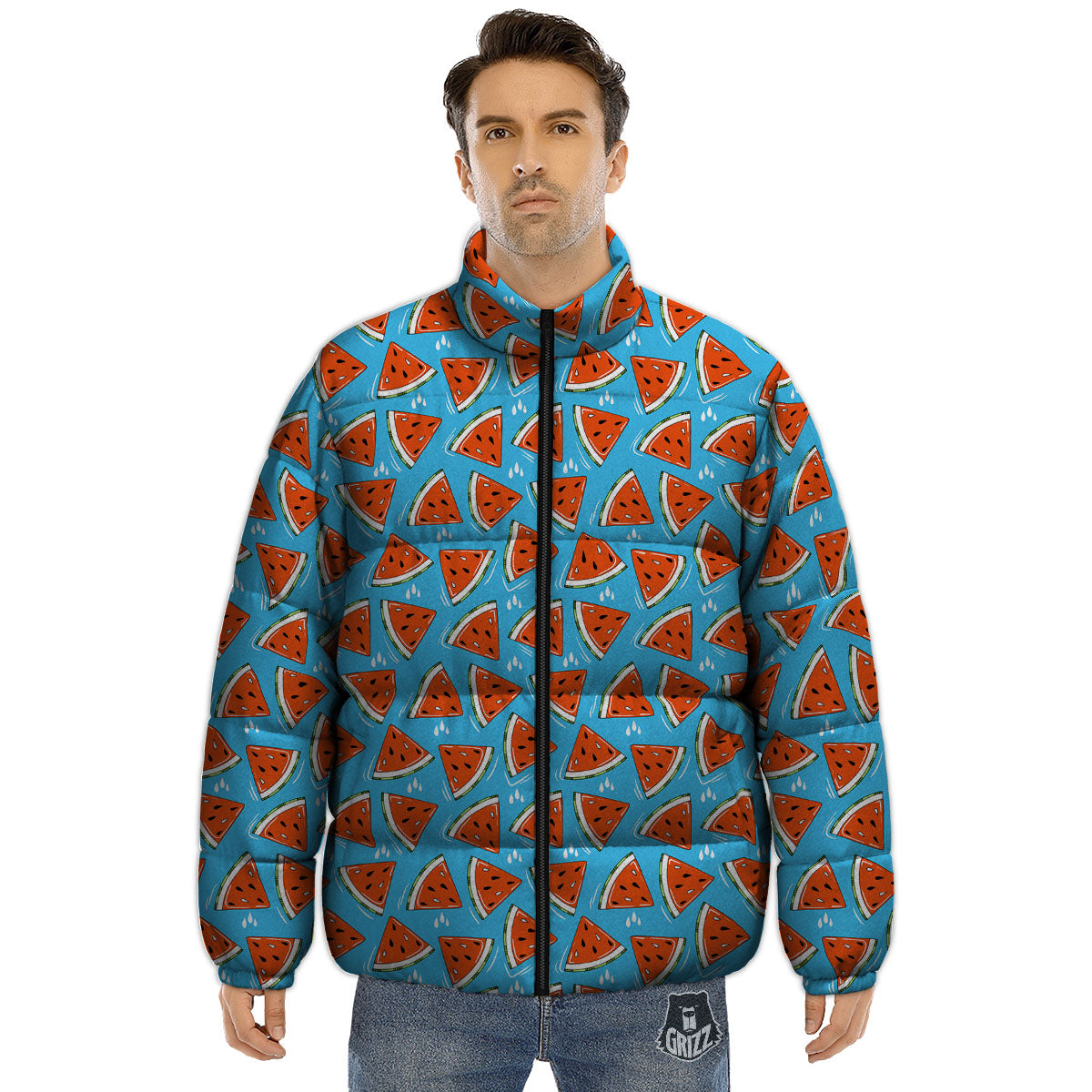 Watermelon Summer Blue Print Pattern Puffer Jacket-grizzshop