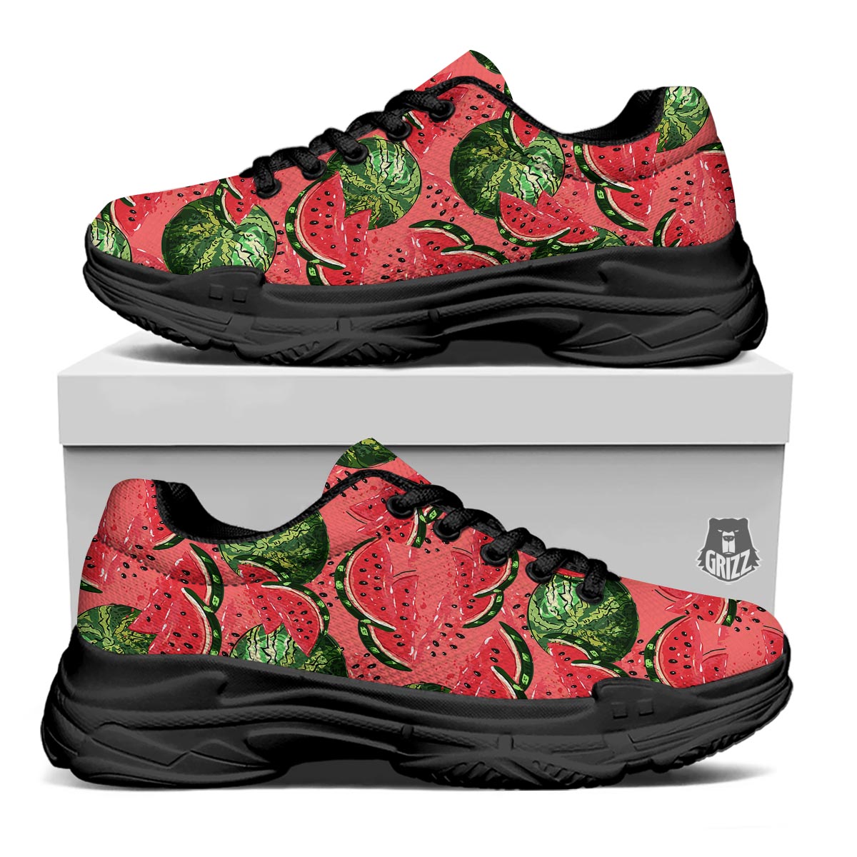 Watermelon Summer Fruits Print Pattern Black Chunky Shoes-grizzshop