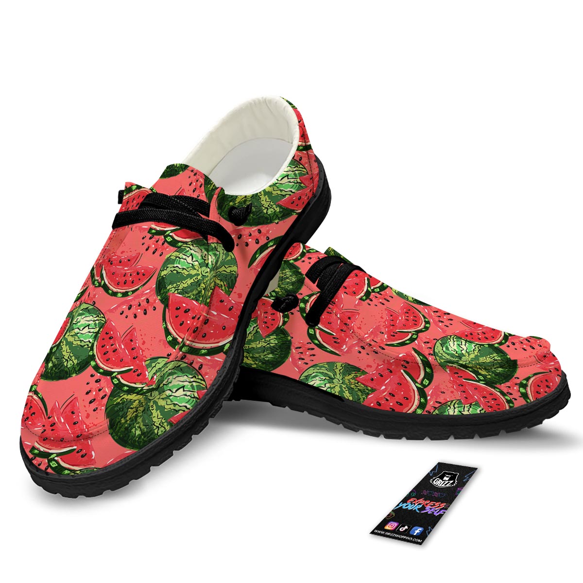 Watermelon Summer Fruits Print Pattern Black Loafers-grizzshop