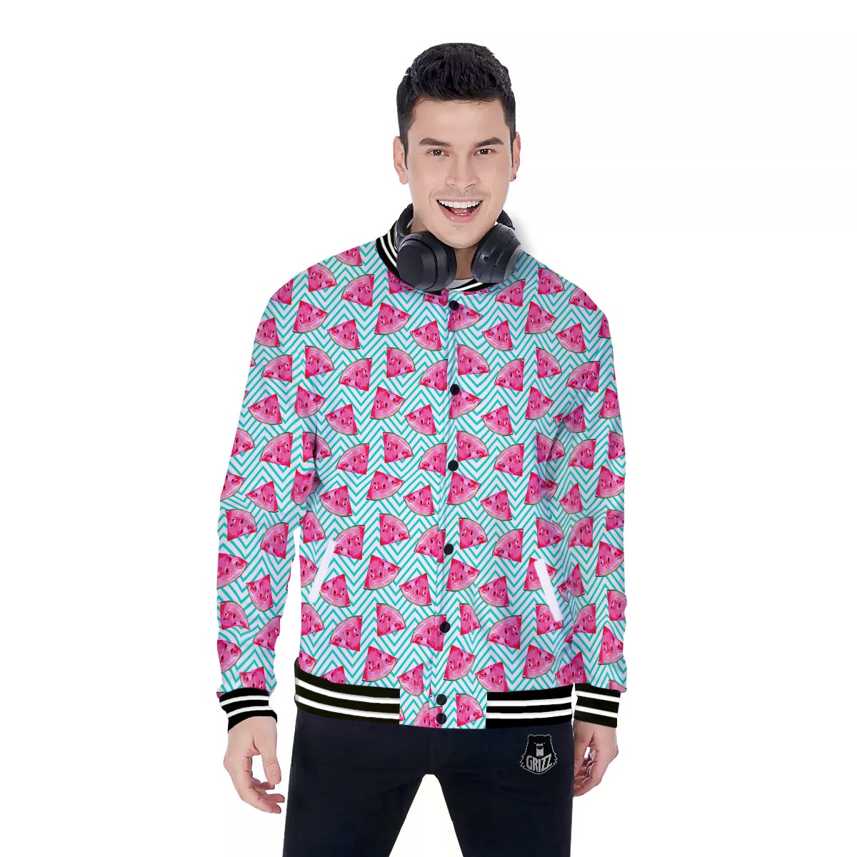 Watermelon Teal Chevron Print Pattern Baseball Jacket-grizzshop