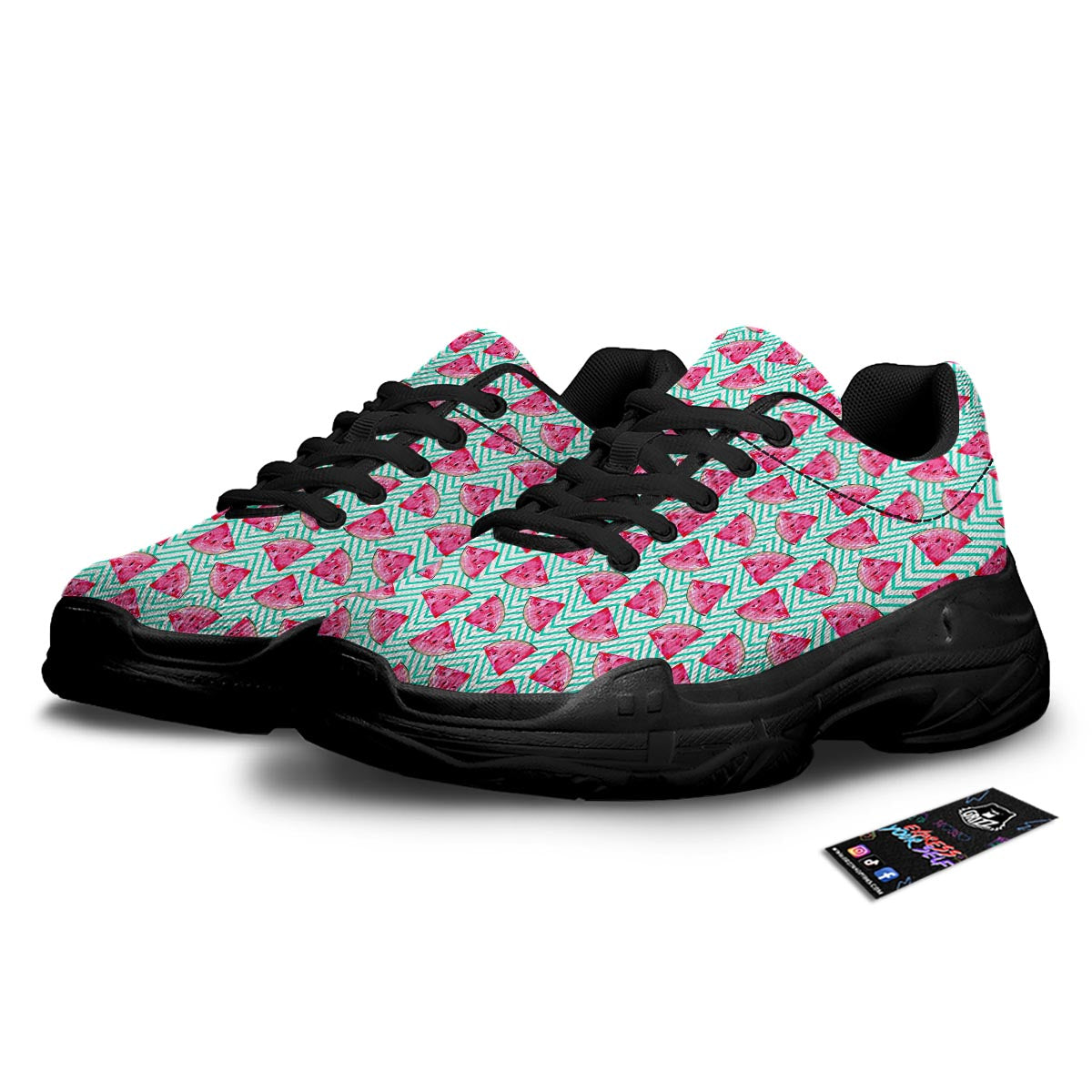 Watermelon Teal Chevron Print Pattern Black Chunky Shoes-grizzshop