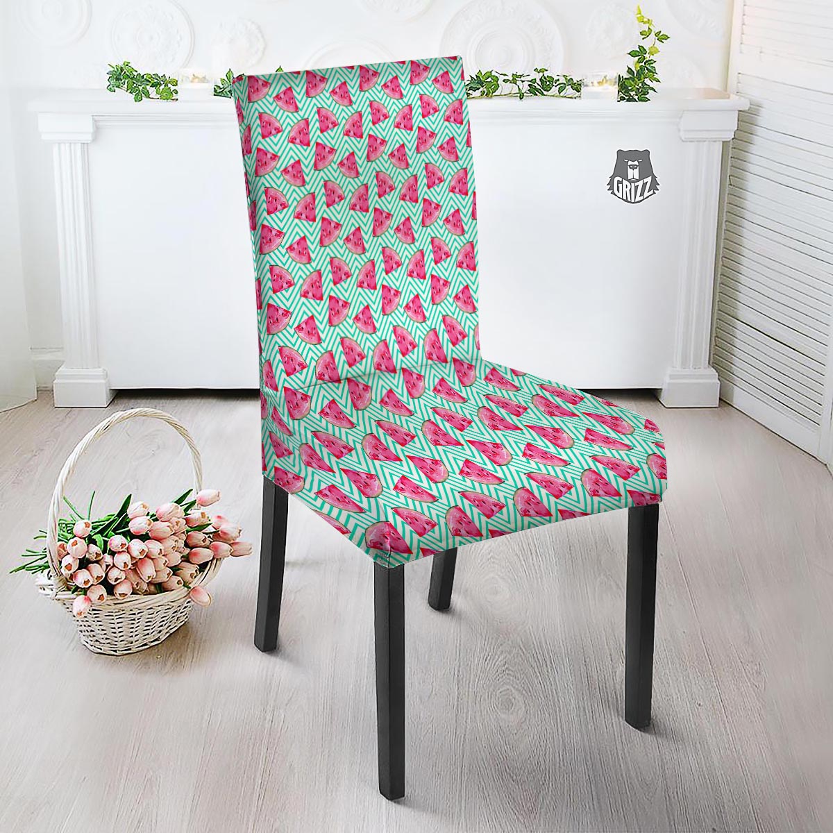 Watermelon Teal Chevron Print Pattern Dining Chair Slipcover-grizzshop