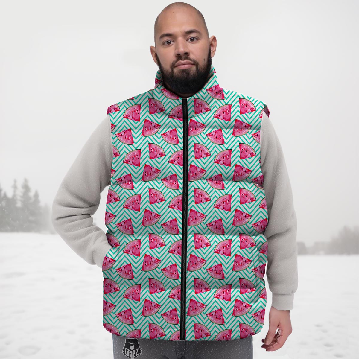 Watermelon Teal Chevron Print Pattern Down Vest-grizzshop